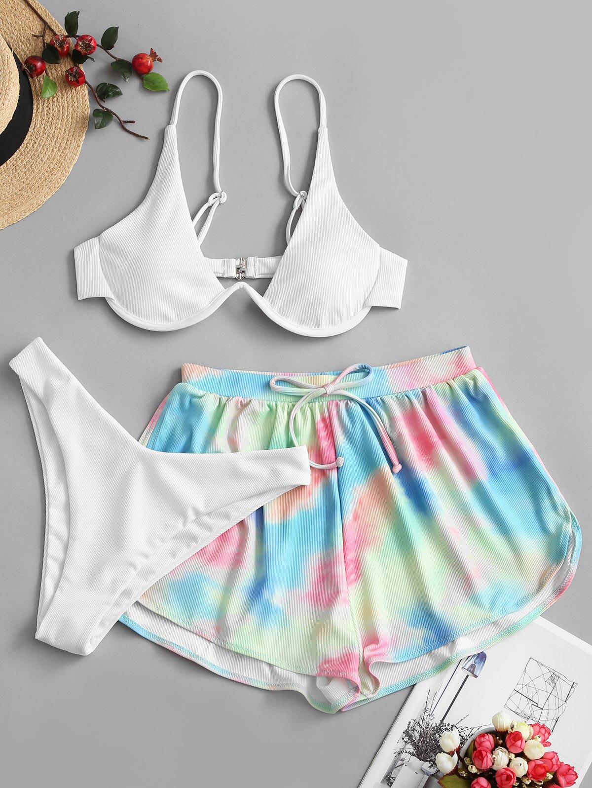Zaful Geribbelde Tie Dye Beugel Drie Stuk Badpak