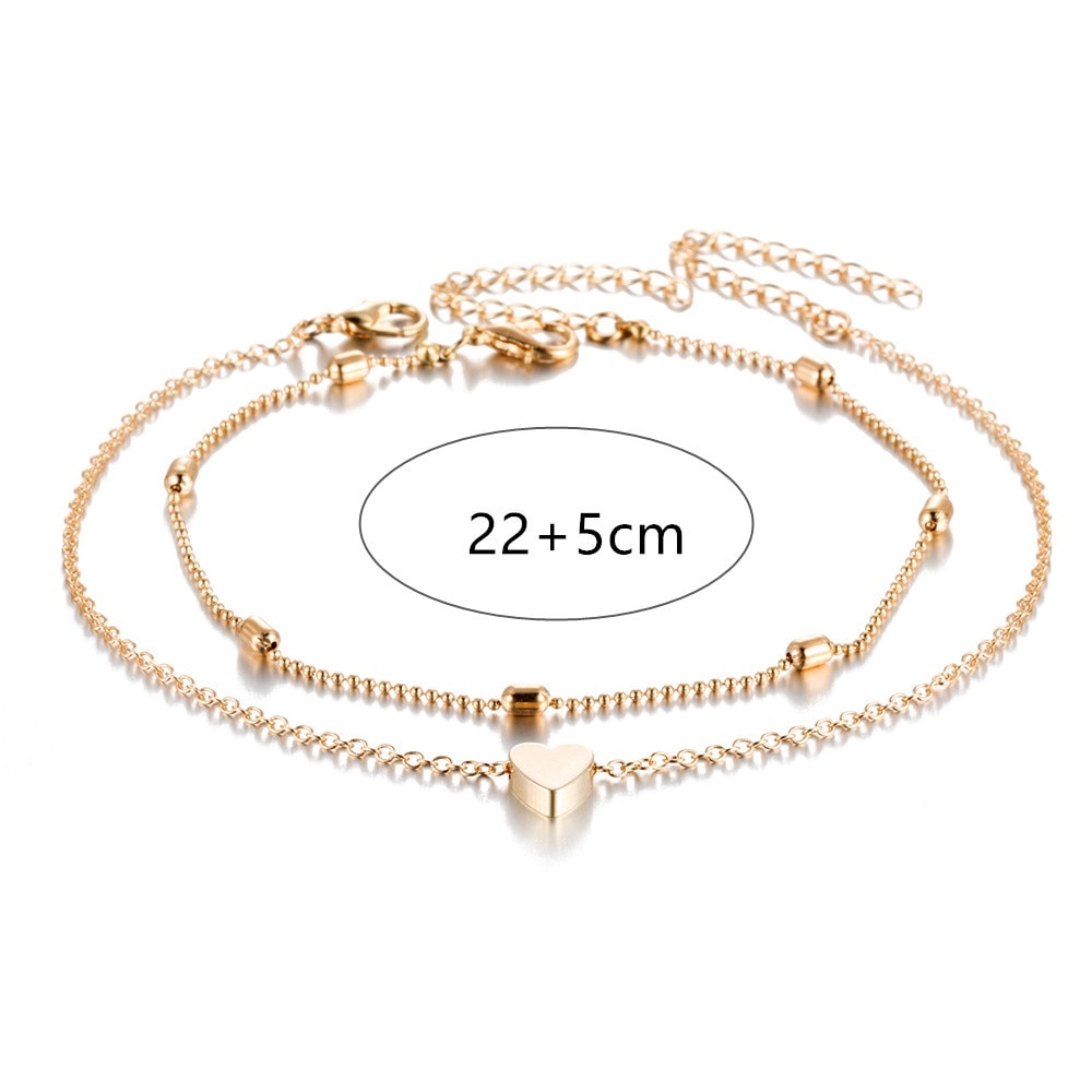 Beliebte Doppel-Schicht Fußkettchen Vintage Strand Ball Bead Kette Herz-Förmige Ornament