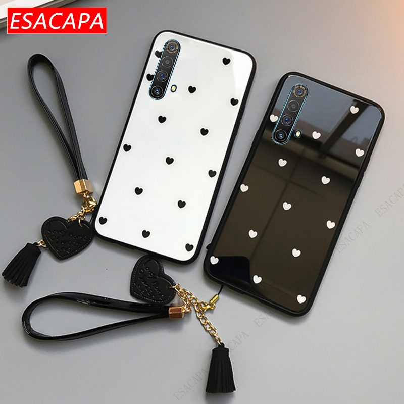 For Oppo Realme X50 7 Pro X3 Superzoom C12 Phone Case Love Tempered Glass Protection Cover For Realme 11 Pro 10 7 6 With lanyard