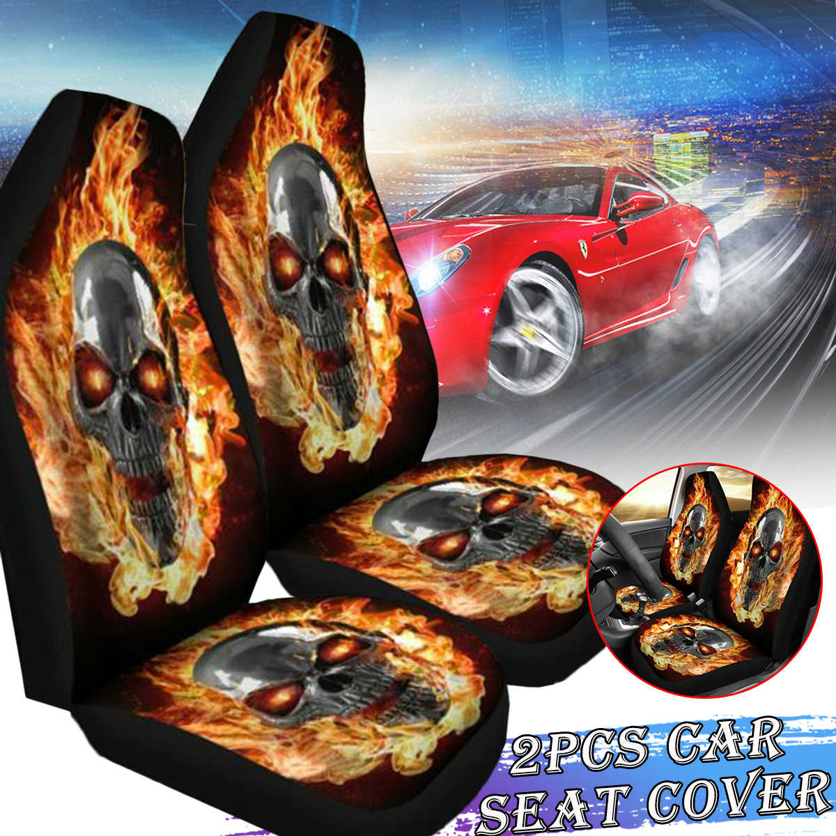 Universele 3D Schedel Gedrukt Auto Seat Cover Polyester Stof Auto Zitkussen Protector Cover Voor Auto Suv Interieur Accessoires