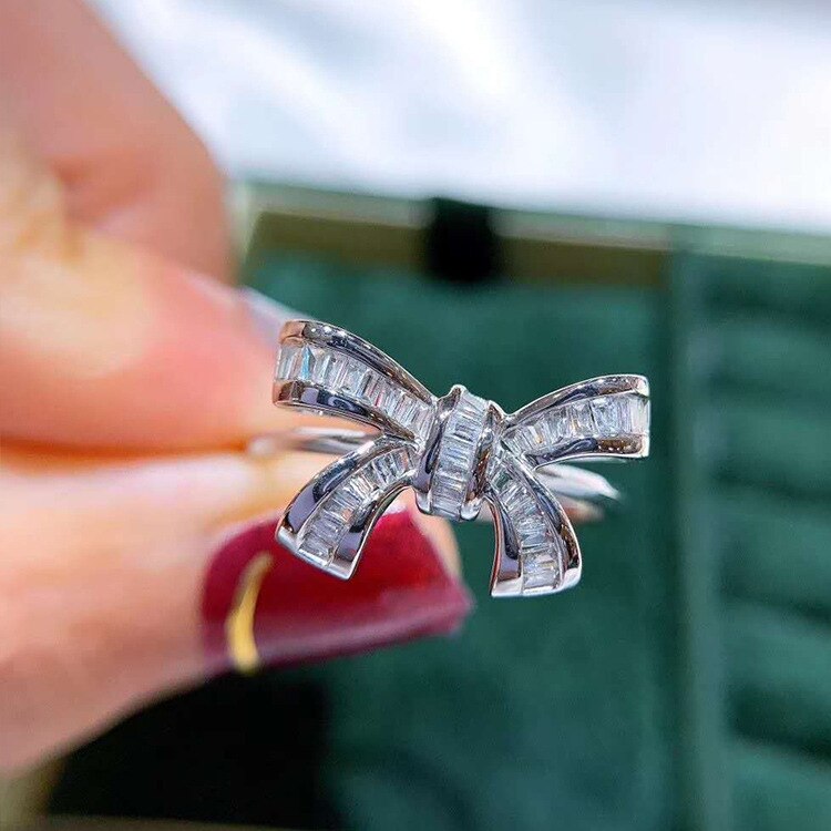 Neue Bogen Knoten Silber Farbe Ohrring Halskette Ring einstellen Bling Zirkon Stein Braut Schmuck Damen Partei Schmuck setzt: Resizable Ring