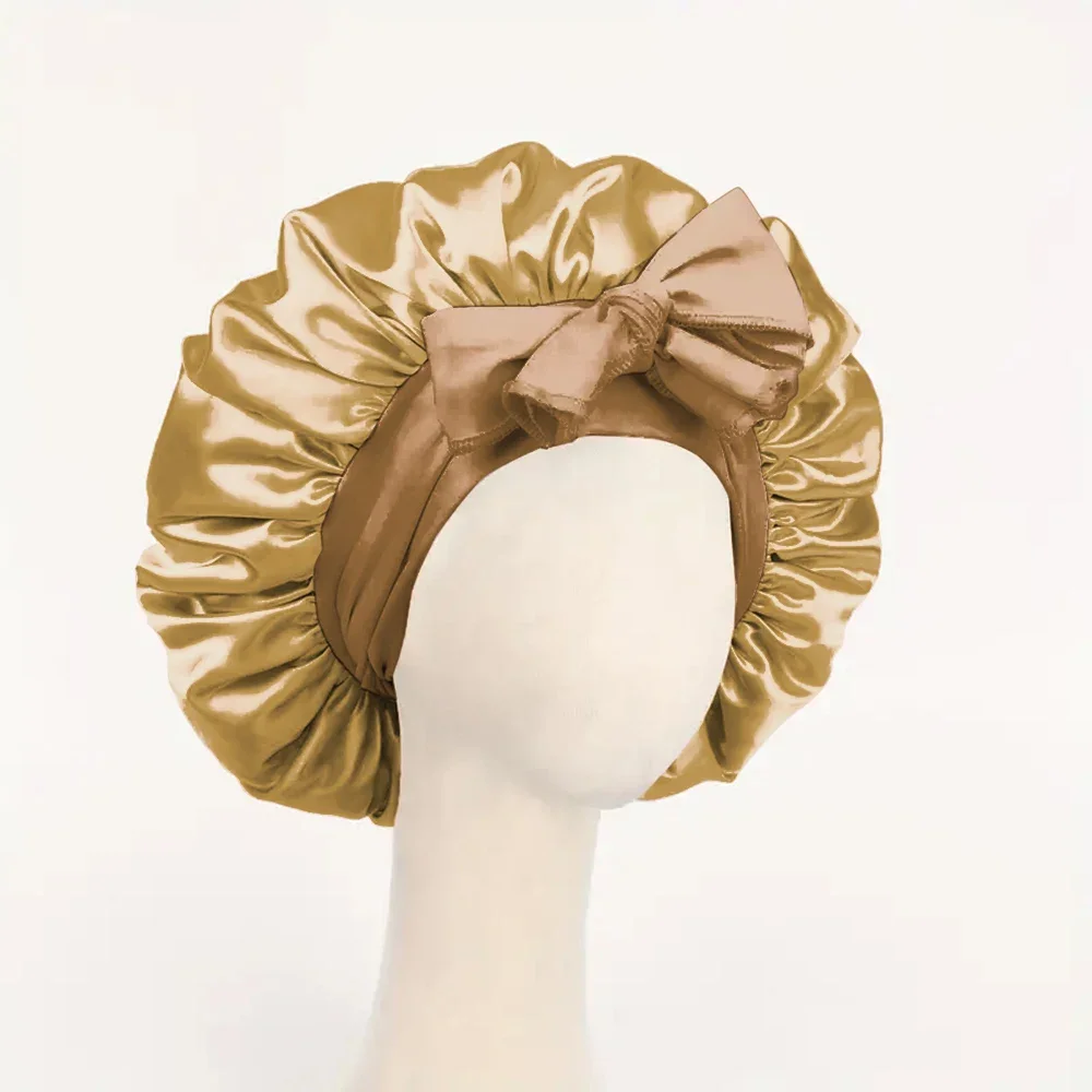 Gorro de satén Gorro de seda Bonne ajustable para dormir Gorro para el pelo con banda para atar Gorros para mujeres y hombres: Castaño