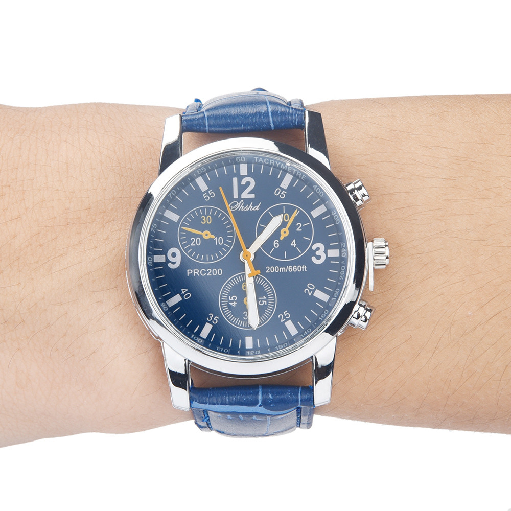 Man Horloge Blue-ray glas neutrale quartz simuleert pols epidermale Lederen Band horloge: D