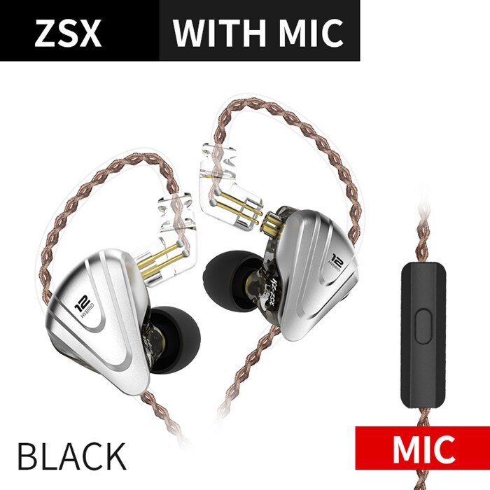 KZ – Auriculares metálicos intrauditivos con cancelación de ruido, audífonos internos híbridos 5BA + 1DD con 12 conductores, graves HIFI, ZSX Terminator: ZSX Black Mic