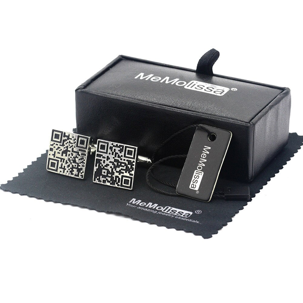Abotoaduras memolissa com caixa de exibição, abotoaduras com código qr clássico com espaço esmaltado preto, etiqueta e pano limpo masculina: Cufflinks Box Set
