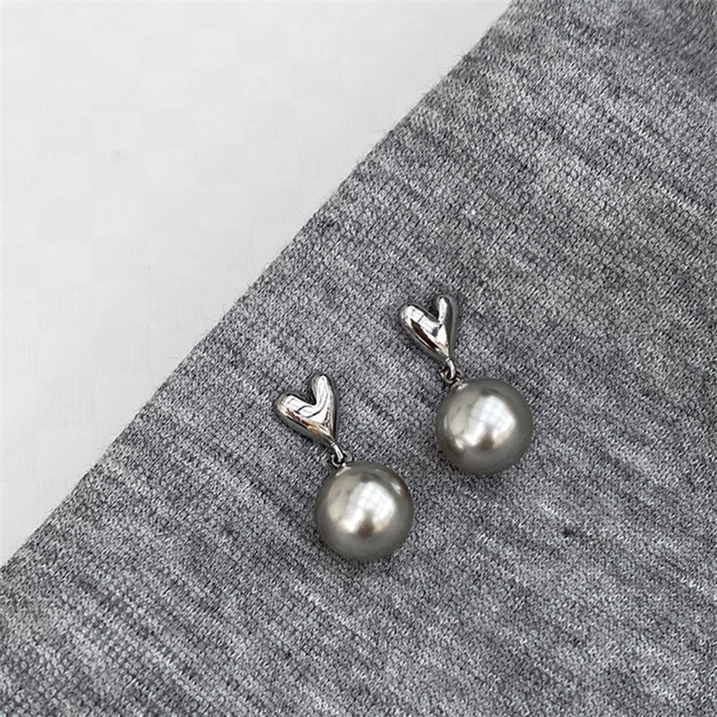 Pendientes colgantes de perlas grises para mujer, aretes elegantes franceses, joyería de de , accesorios de corazón Vintage para , , novedad de 2023