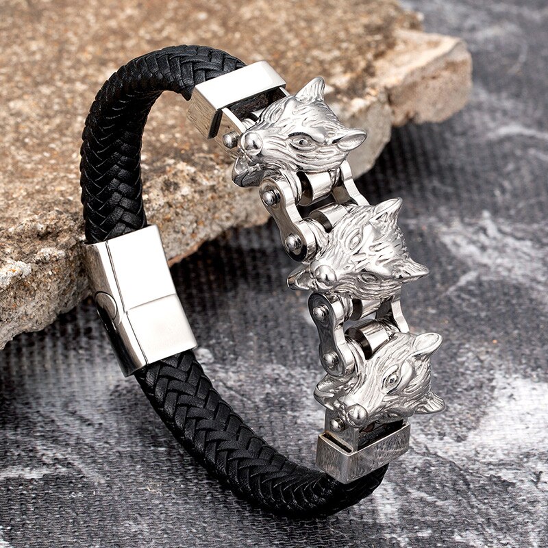 Gold Wolf Head Stainless Steel Men Leather Bracelet Punk Accessories Magnetic Wristband Jewelry Friends