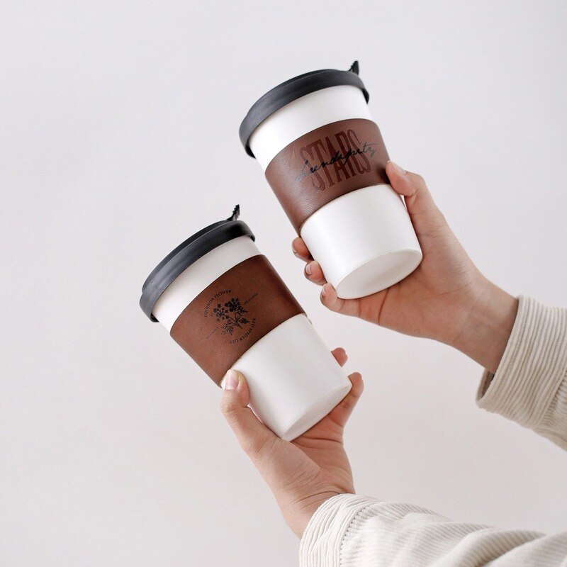 400ml keramiske kaffekrus te kopper store rejsekrus camping krus kaffekop med isoleret læder  wj826