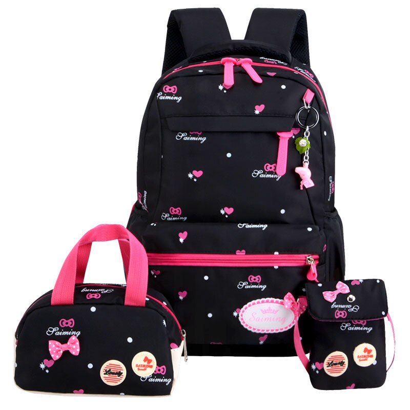 Sacs d'école à 3 imprimés pour enfants, cartable tendance pour filles: 3 black