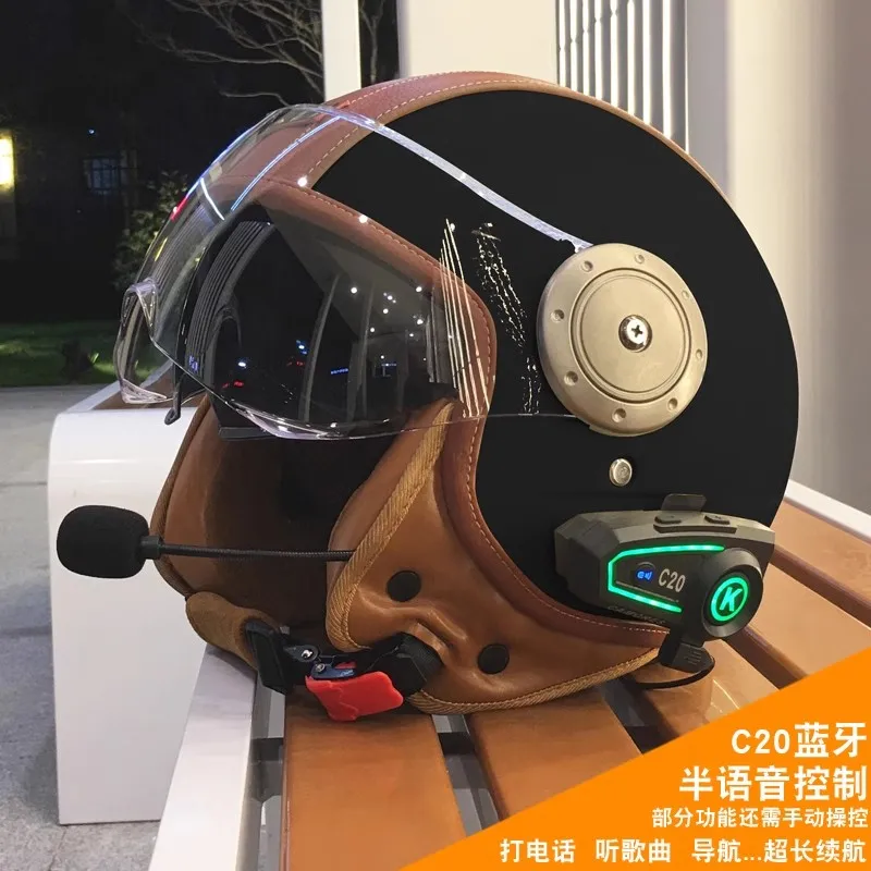 Elektrische Motorrad Intelligente Bluetooth Helm Warme Gehörschutz Motorrad Retro Stil Helm Drei-viertel Halb Helm: green