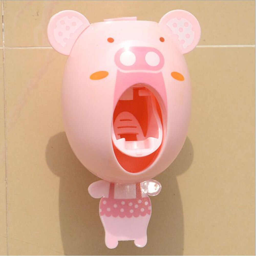 Cartoon Automatic Toothpaste Dispenser Wall Mount Stand Bathroom Sets: pink pig