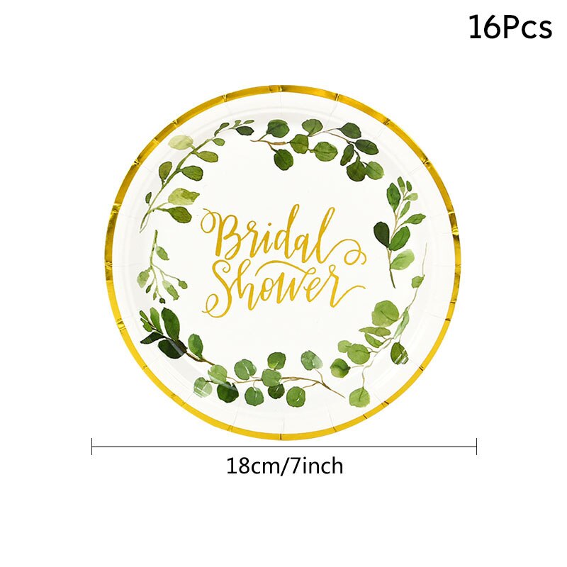 Bruids Douche Dispodable Servies Goud Groene Bladeren Papieren Borden Cups Bruiloft Vrijgezellenfeest Thuis Tafel Decoratie Benodigdheden: B01