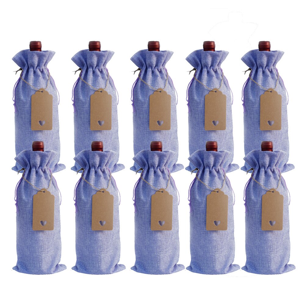 10 pcs/lot bouteille de vin couvre cordon sac avec étiquette coeur ensemble toile de jute pochettes en lin pour noël mariage décoration sac de rangement: Violet