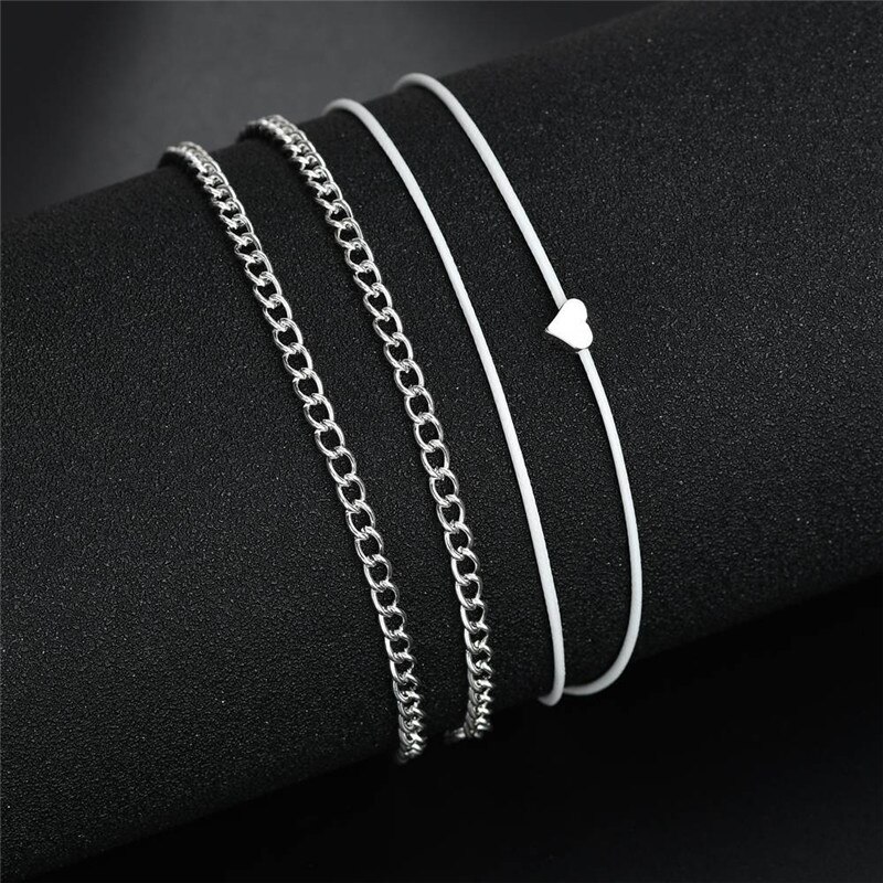 Bracelet de cheville de couleur argent pour femmes, style bohémien, accessoire de cheville sur la jambe, avec cœur, pour pieds nus, chaîne, bijoux de plage