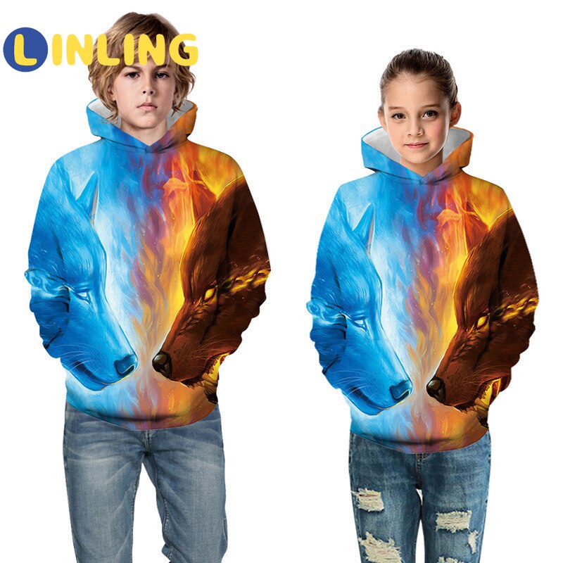 Linling lente- en herfsthoodies voor jongens 3d digitaal bedrukte wolf casual kinderjas polyester jongensjas kinderkleding  p527