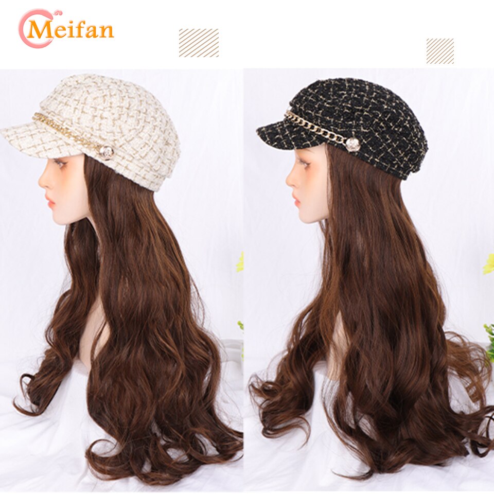 MEIFAN Synthetic Long Wavy Curly Beret Hat Wig Hair Extensions Travel Cadet Hat Retro Octagonal Beret Cap Party Wig