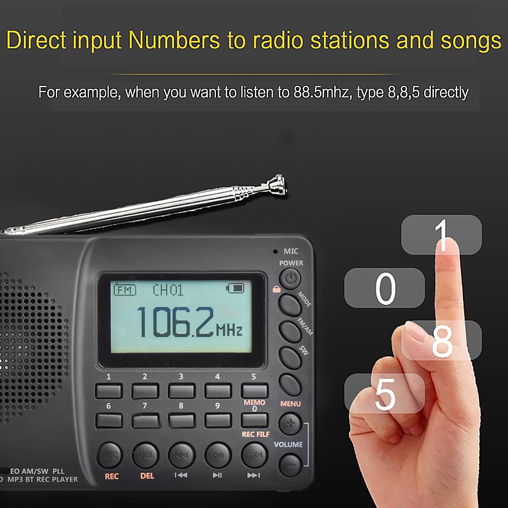 K-603 Radio pleine bande Bluetooth FM AM SW Radios de poche portables MP3 enregistreur numérique REC Support Micro SD TF carte minuterie de sommeil