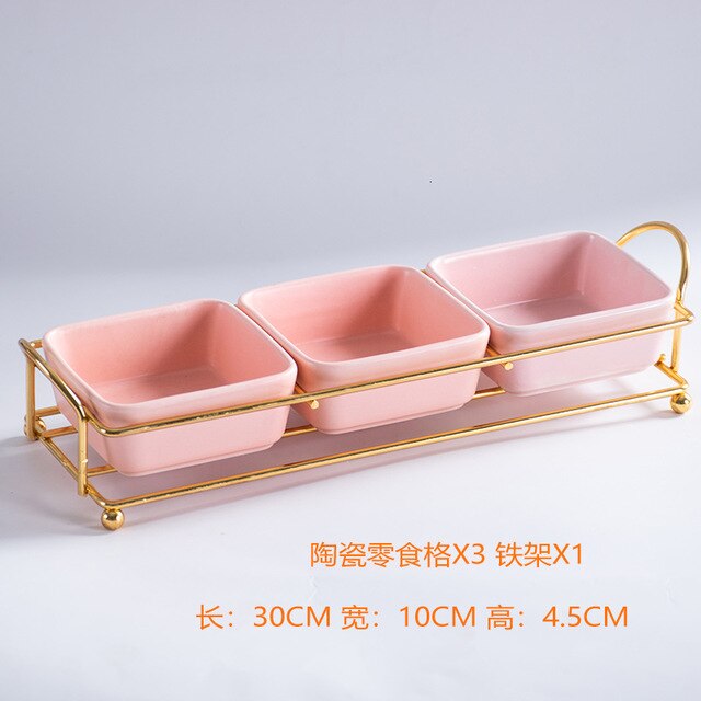 De cerámica bandeja de comida con divisores hogar fruta Bol para bocadillos bandeja de almacenamiento con soporte de hierro decoración de bandejas de ensalada: Pink3