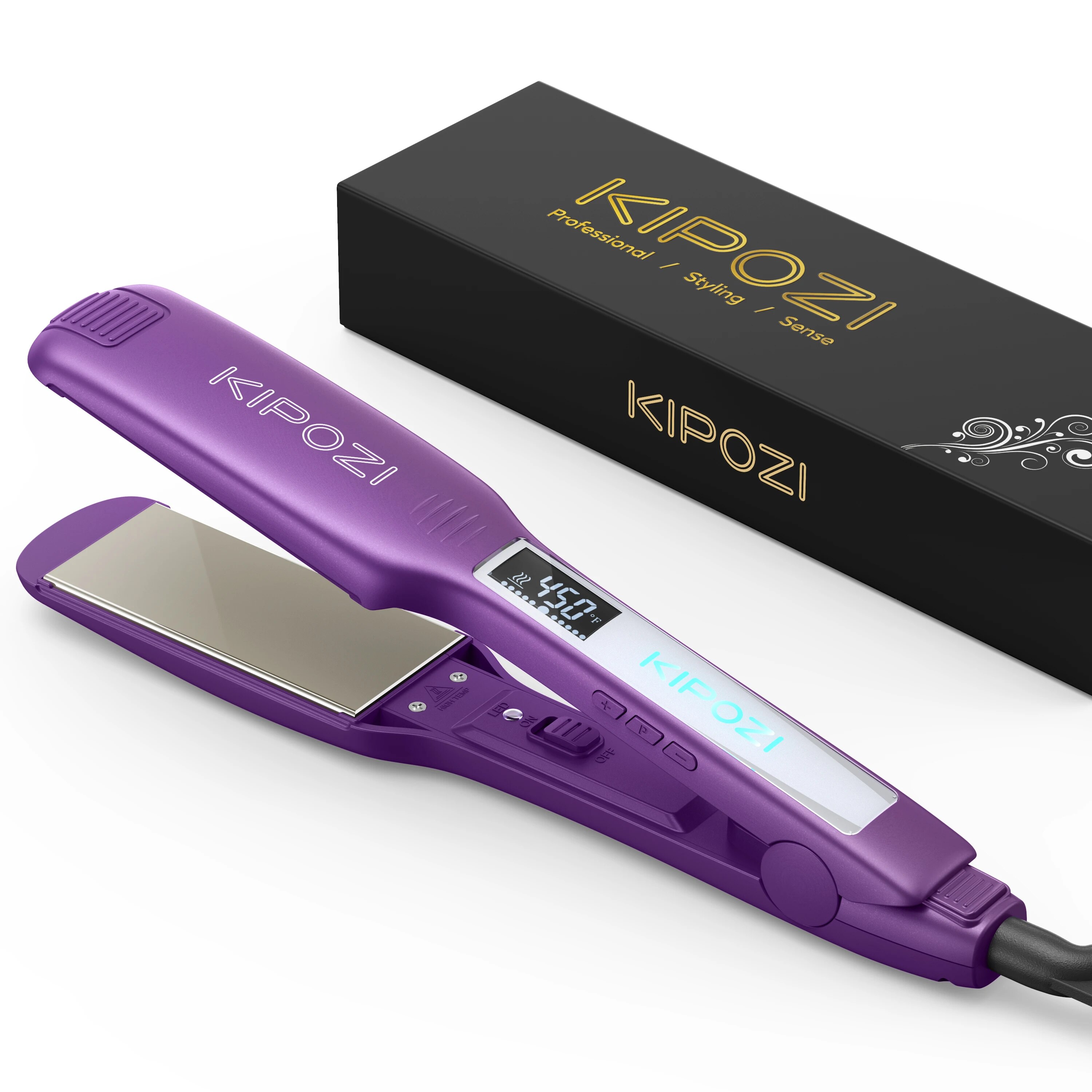 KIPOZI Titanium Flat Iron Hair Straightener with Digital LCD Display Dual Voltage Instant Heating Curling Iron: PURPLE / us