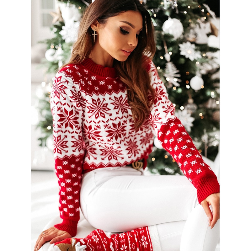 Dame juletrøjer pullover toppe afslappet langærmet o-hals print strikket sweater efterår vinter