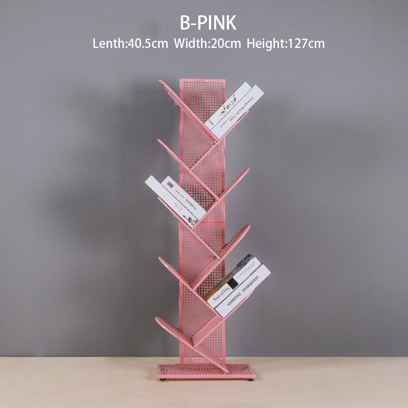 Wrought Iron Tree-shaped Bookshelf Multi-layer Floor Bookcase For Living Room Study Office Simple Bookshelf: B-PINK