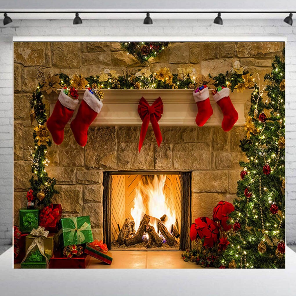 Xmas Fireplace Backdrop Christmas Tree Photography Background Party Banner Home Decoration