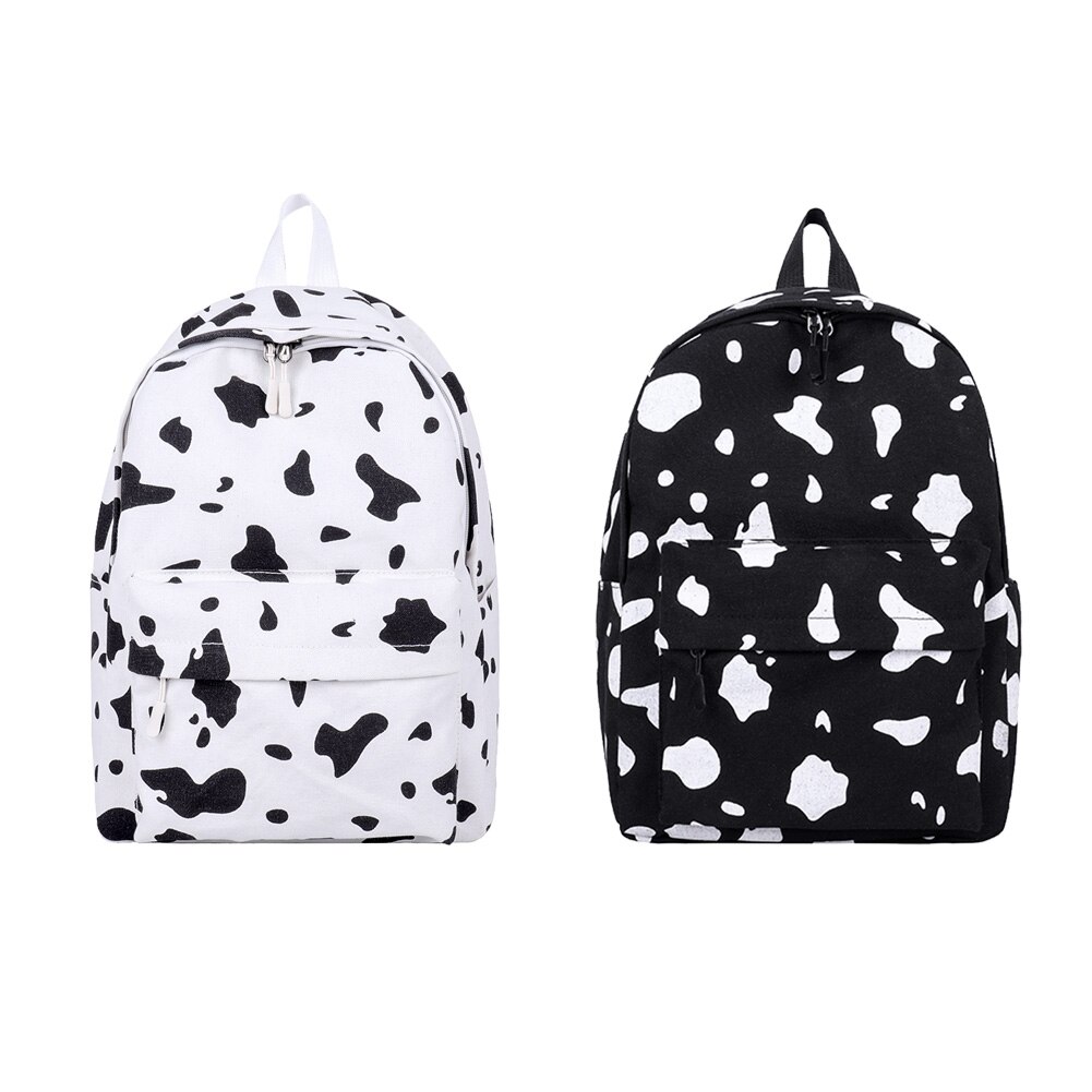Women Multi-pocket Backpack Cow Milk Pattern Large Capacity Backpack Canvas Daily School Bag For Teenager Girls