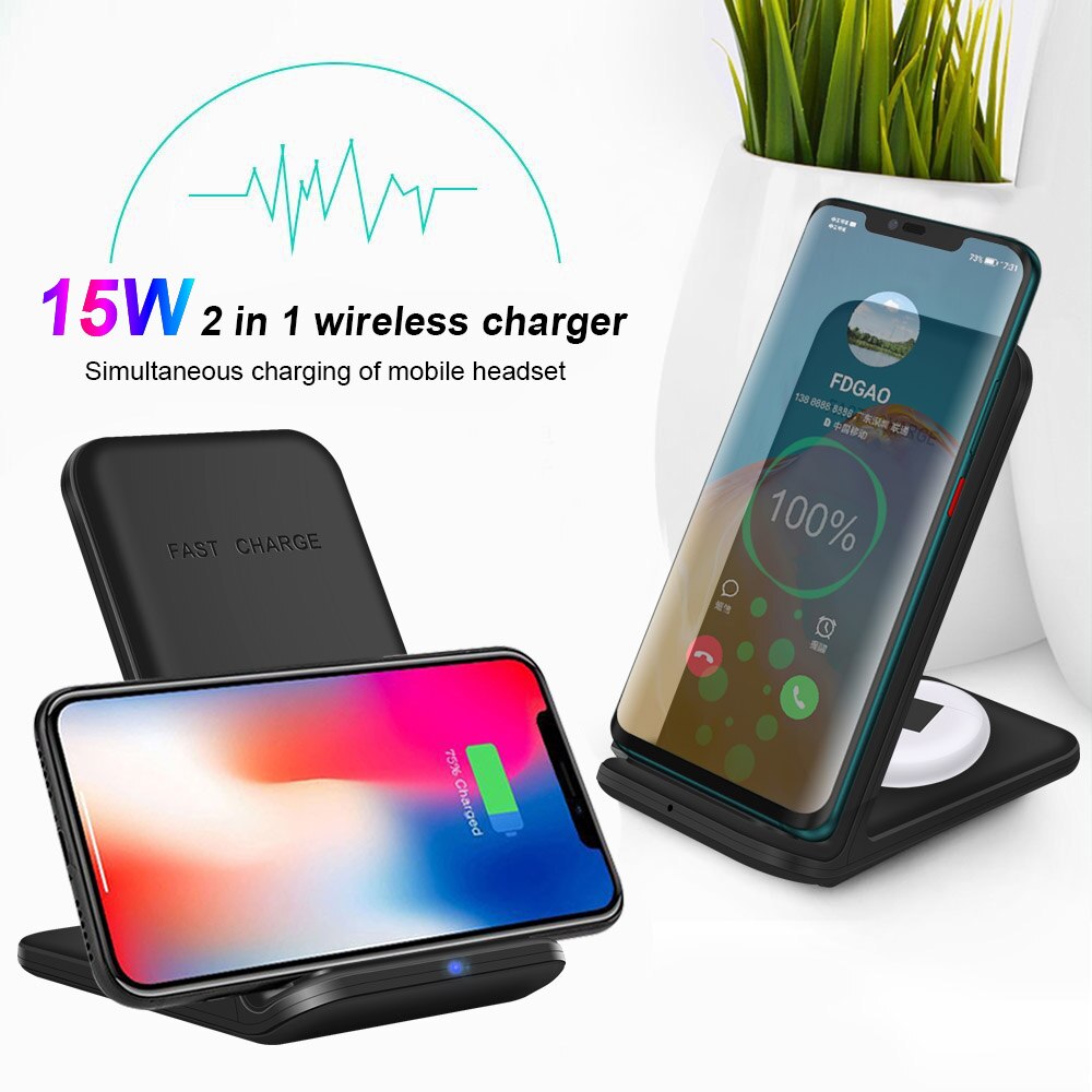 FDGAO Qi Inductive Wireless Charger 15W QC 3.0 Fast Charging Station for iPhone 12 11 XR XS X 8 Plus Samsung S20 S10 Galaxy Buds