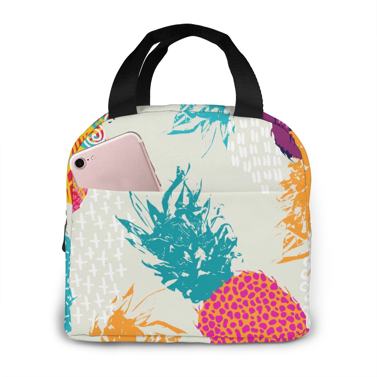 Gold Pineapple Pattern Lunch Bag Portable Insulated Thermal Cooler Bento Lunch Box Tote Picnic Storage Bag Pouch: Black 7