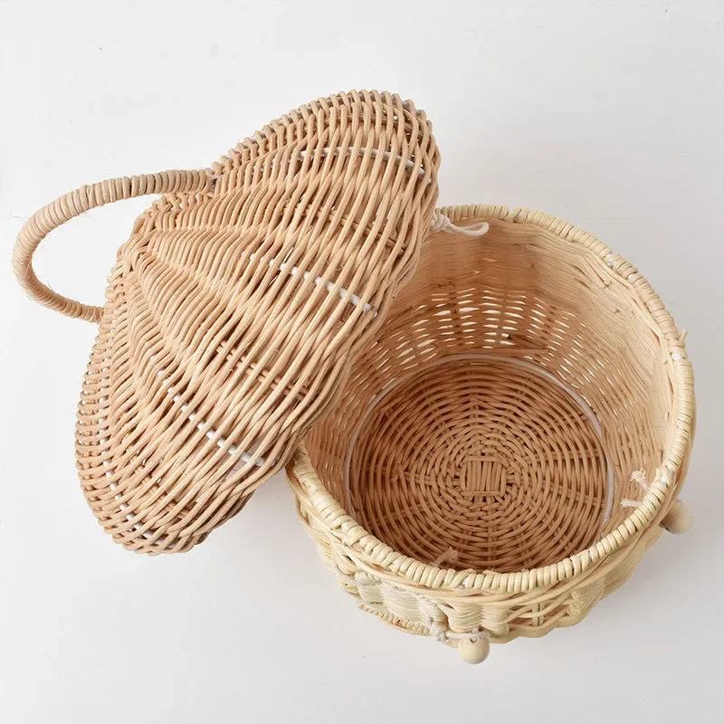 Cute Rattan Basket Hand Woven Mushroom Baskets Bag Beach Straw Storage Bags for Kids Organizer Box Summer Vacation Picnic Basket