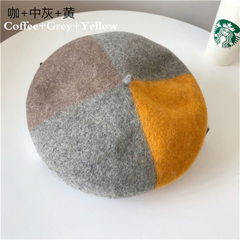 Zimowy ciepły urok kolor szwów czysta wełna kobiety beret francuski czapka typu czapka bez daszka czapka dla kobiet retro "dzika moda" akcesoria gify: kawa-szary-żółty