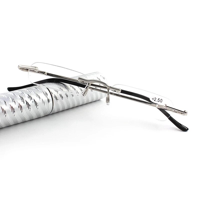 IENJOY mini przenośne okulary robić czytania małe metalowe okulary bez oprawek robić czytania z etui na długopis mini okulary robić czytania 1.0 2.0: + 150