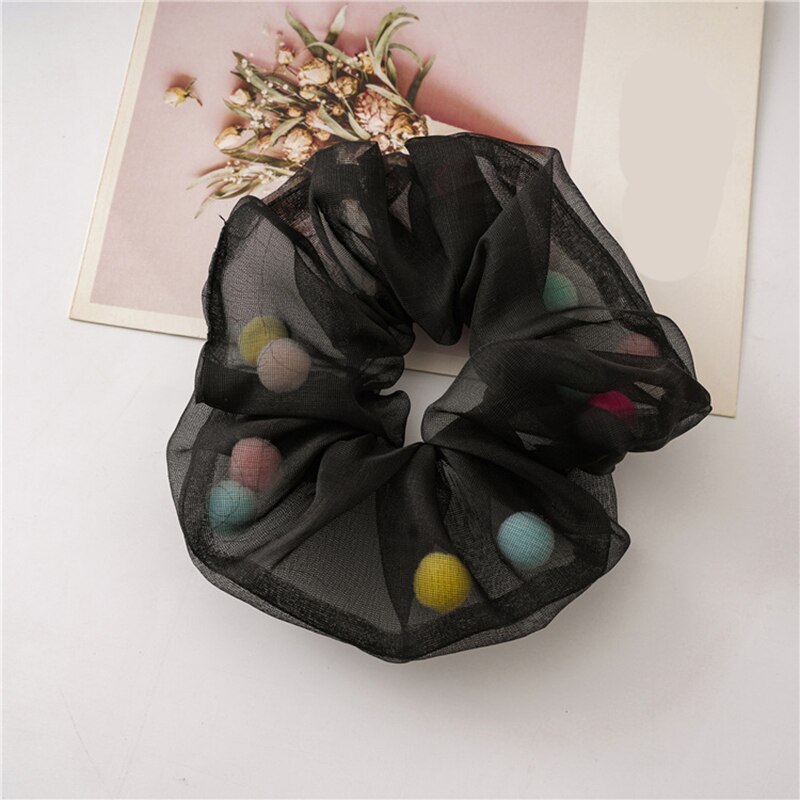 Vrouwen transparante tule kleurrijke haaraccessoires organza met bol net garen mesh scrunchie elastische haarbanden paardenstaarthouder: Zwart