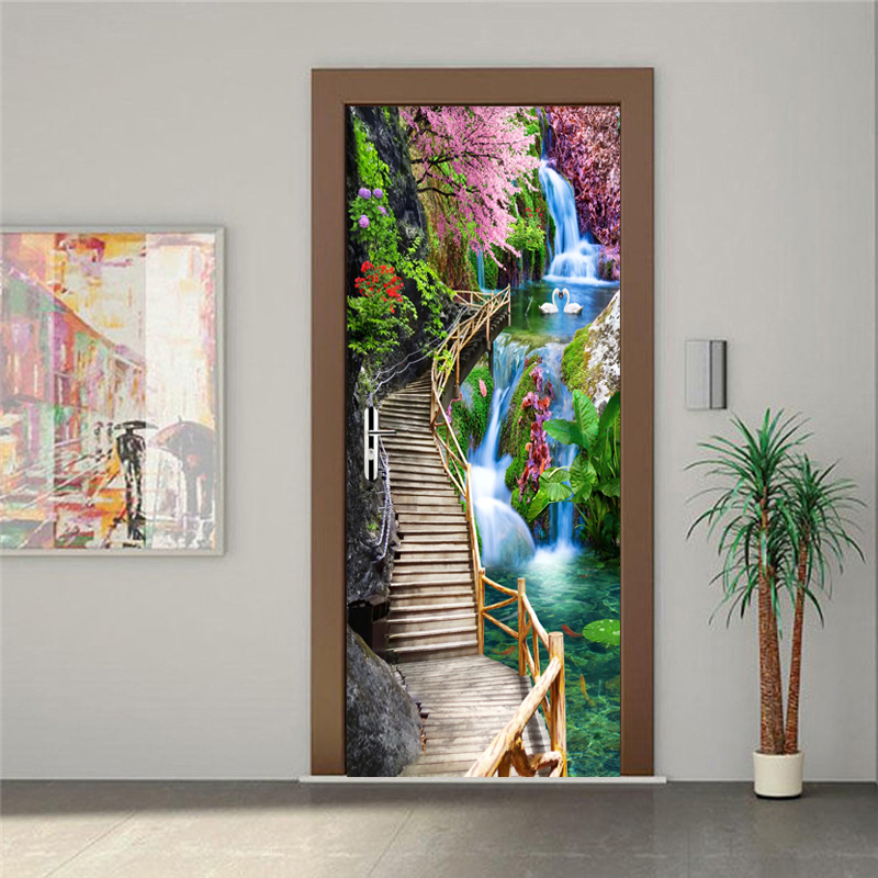 3D Stereo Waterfall Wallpaper Chinese Style Wooden Bridge Landscape PVC Door Wall Stickers Living Room Bedroom Home Door Poster