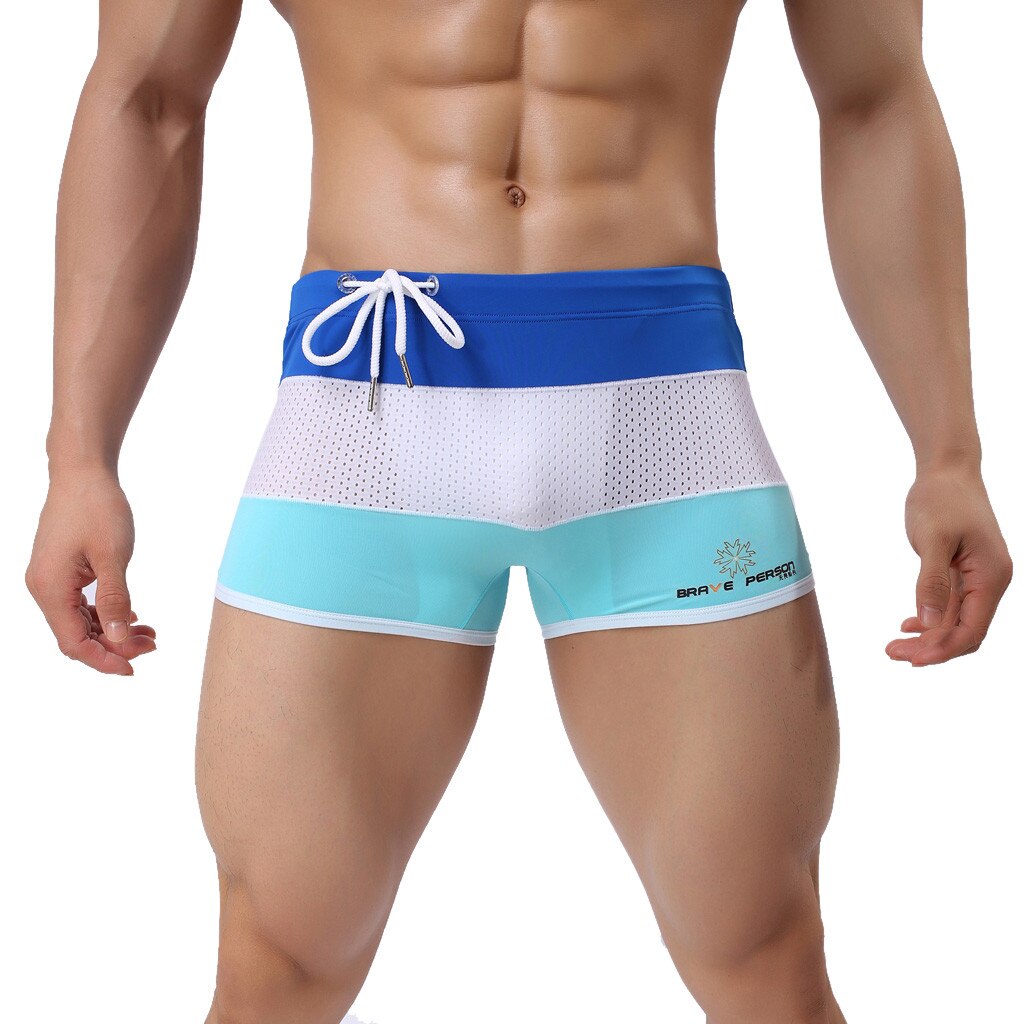 Nuevos pantalones cortos de baño a la de verano a rayas de esquina plana para deportes de playa para Hombre Bañadores de baño: Azul / M