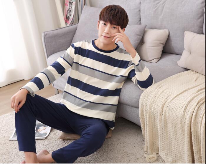 no brand men cloth cotton o-neck blue and white strips coat and blue pant