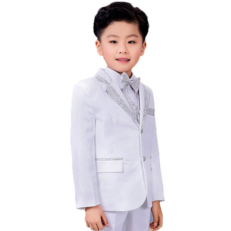 Kinderen Formele kleding Pak Set Bloem Jongens Gastheer Piano Prestaties Bruiloft Prins Cosutme Kids Blazer Vest Broek Bowtie 4 stks: 10T