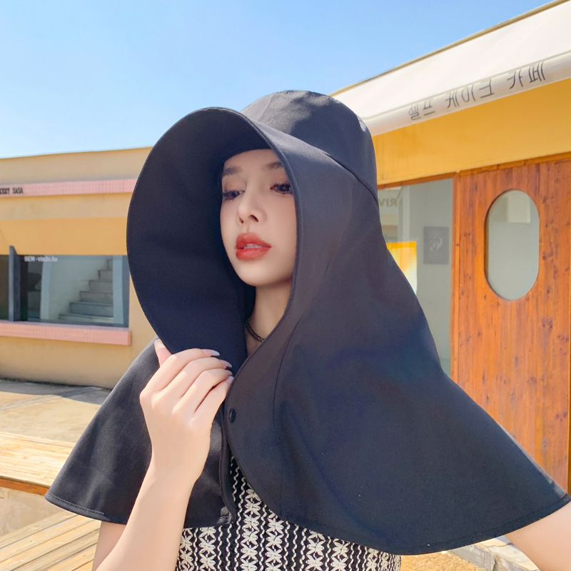 Sommerhatte til kvinder udendørs uv-beskyttelse med hals og solskærme til kvinder fiskeri vandreture bred skygge sjal solcreme hestehale kasket: Sort