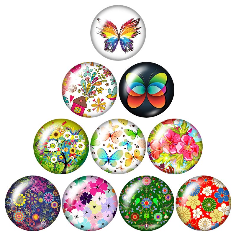 Botones a presión de 18mm con de flores, margaritas y lirios, foto redonda mixta, estilo de cabujón de cristal para joyería con botón a presión, 10 Uds.: DB0059