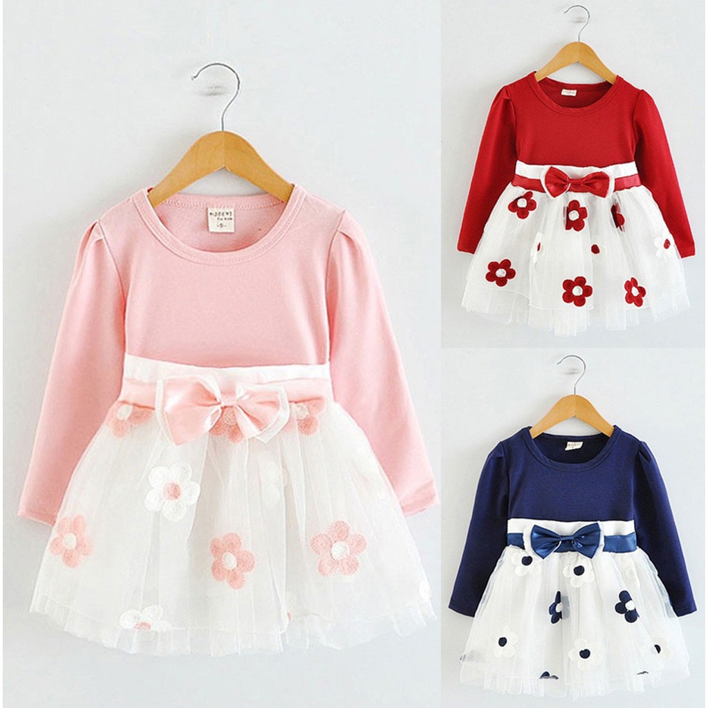 Autumn Newborn Infant Baby Dress Cotton Dress Toddler Kids Baby Girls Long Sleeve Tulle Patchwork Flower Bow Dresses Clothes