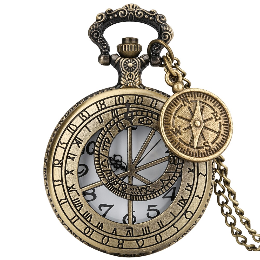 Unisex Antique Astrology Compass Pocket Watch Quartz Retro Bronze Necklace Fob Clock with Chain Compass Accessory Man Women: Style-2