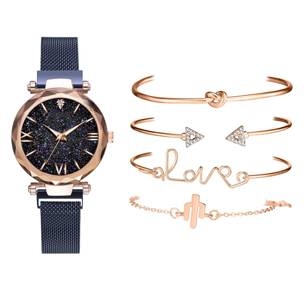 Luksusmærke rose guld stjernehimmel ur kvinder kvinders krystalarmbånd kvarts armbåndsur 5 stk sæt relogio feminino: Blå