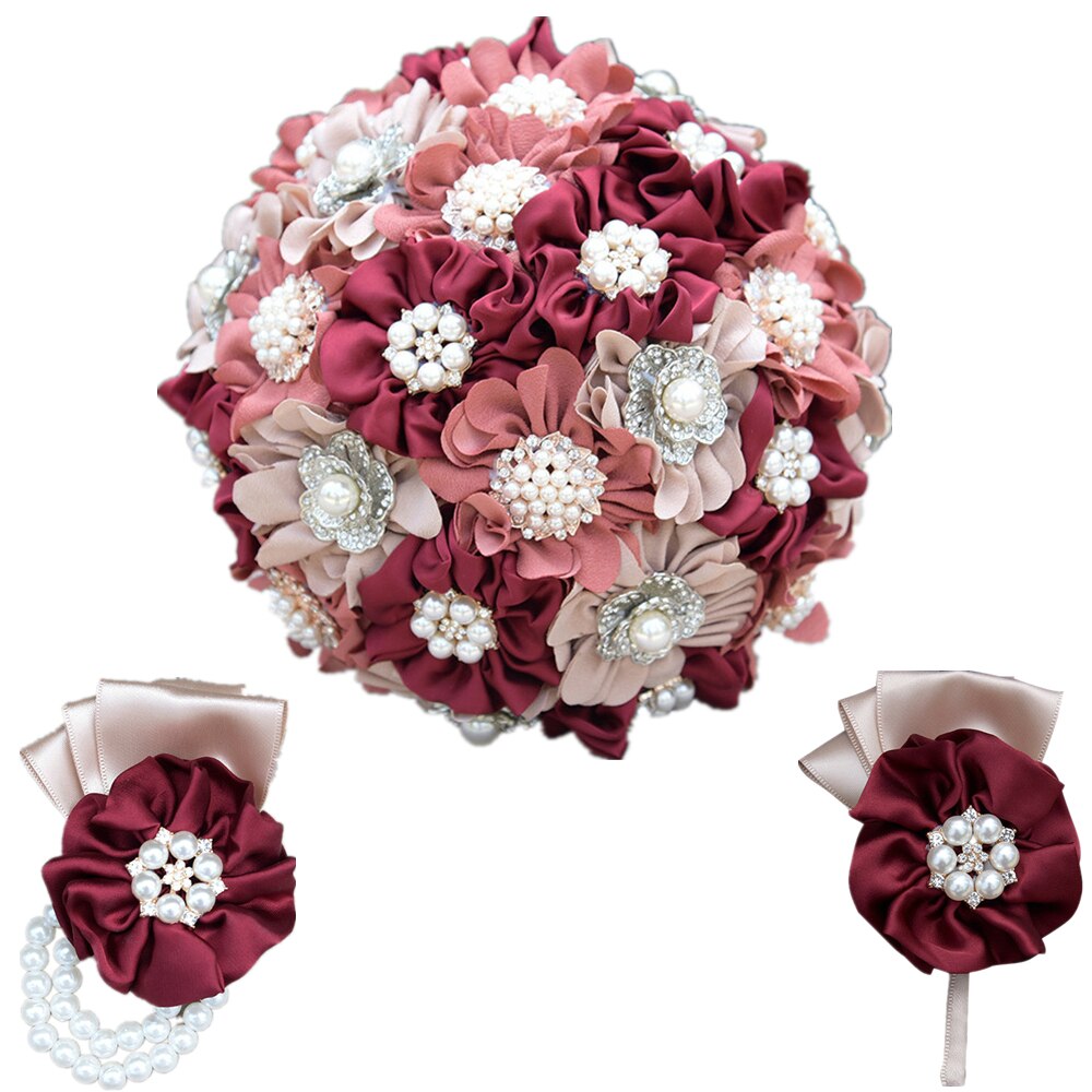 Ramo de novia de cristal Artificial para dama de honor, conjunto de pulsera con ramillete de flores, rosa,: Pink Burgundy Set