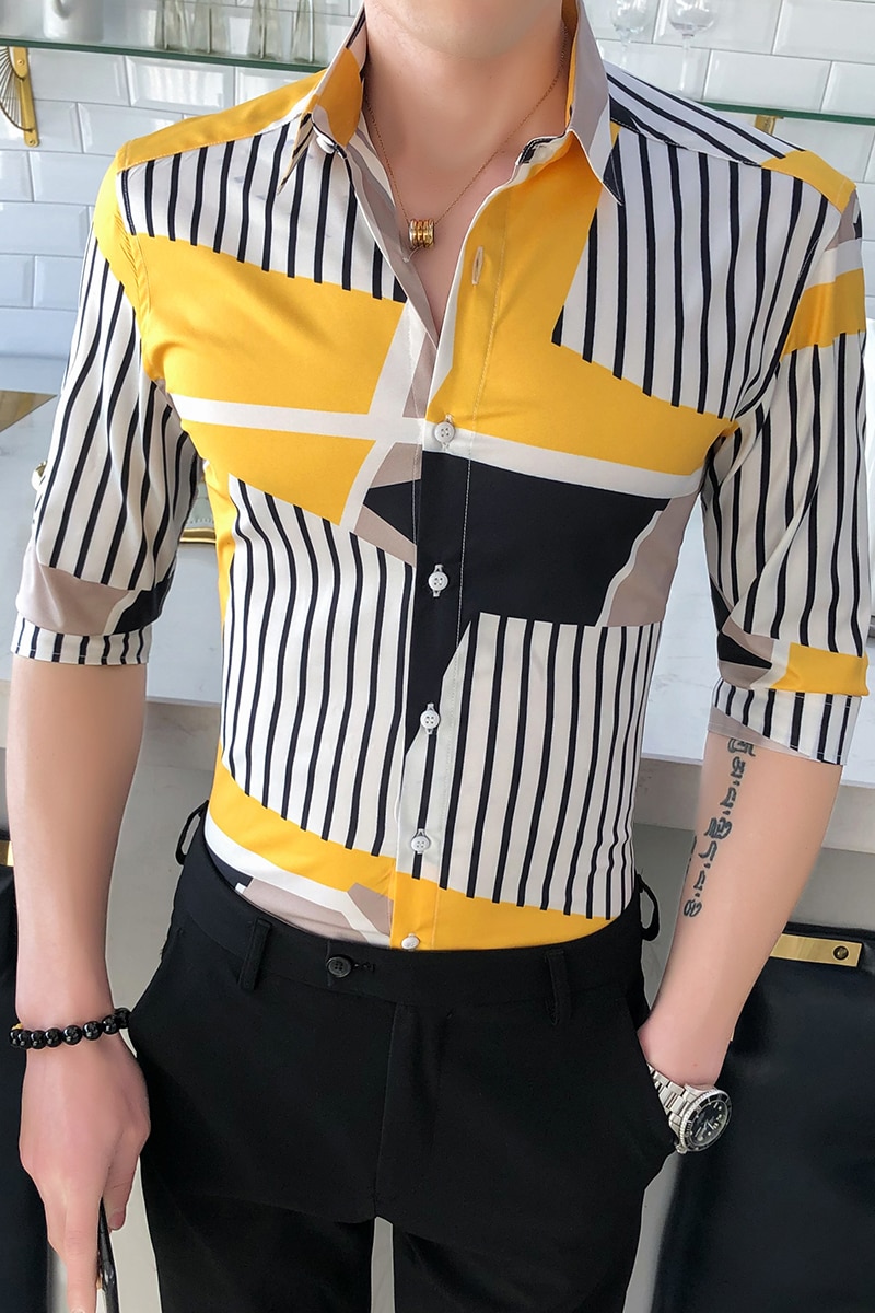 Forår sommer halværmet skjorte herre streetwear all match slim fit herre stribede skjorter club casual bluse herre 3xl