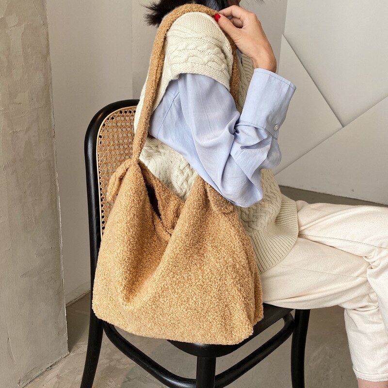 Lamb Wool Plush Women Shopper Bag Large Fluffy Soft Girl Students Shoulder Crossbody Bags for Lady Female Handbags