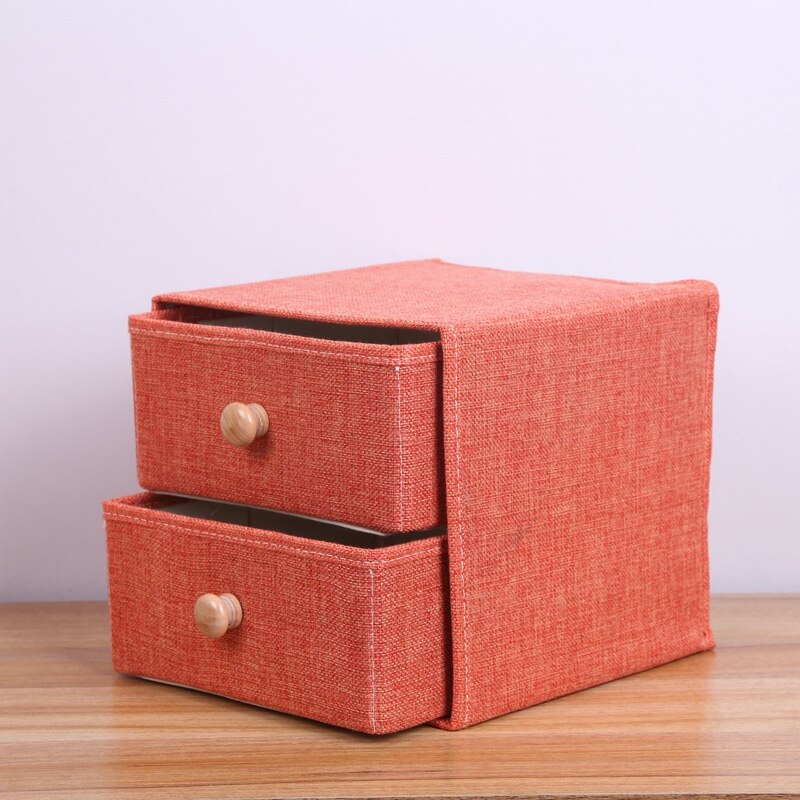 Household Linen Fabric Drawer Desktop Cosmetic Storage Drawer Wooden Handle Linen Double Storage Box Foldable Storage Box