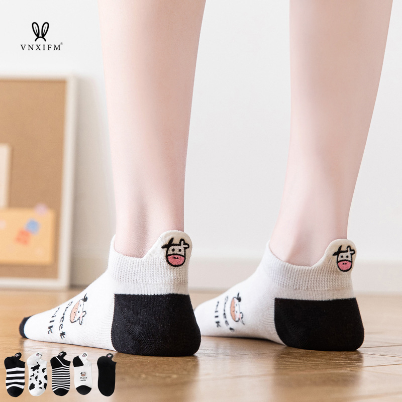 Calcetines de algodón con estampado de vaca para mujer, medias finas de estilo skateboard, temporada Primavera Verano