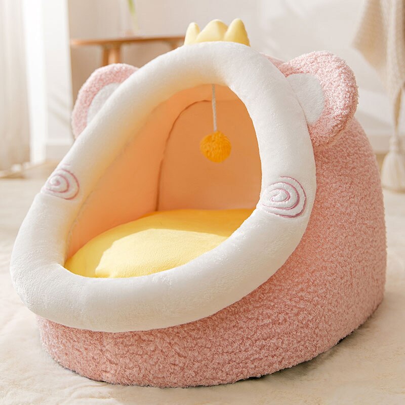 Cute Cat Bed for Indoor Machine Washable Pet Beds for Small Dogs Winter Warm Puppy Cave Cozy Kitten Cushion Calming Dog Bed: Pink Bear / S 30x30x28 cm