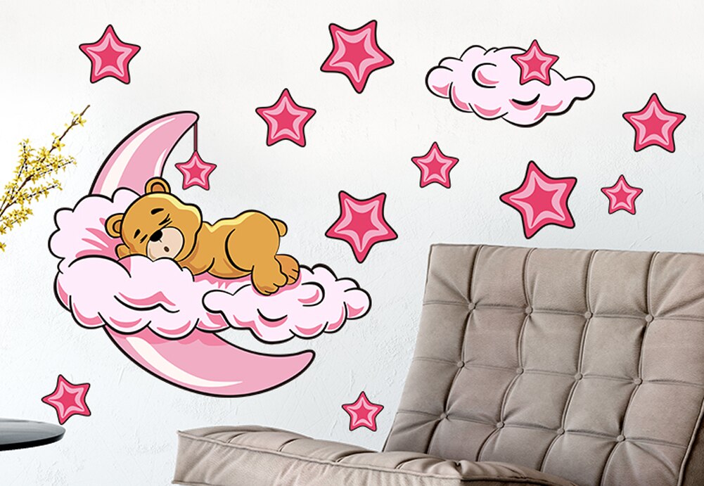 Hjem kid værelse dekoration sød sovende bjørn måne stjerner plads vægmaleri vinyl væg kunst mærkat mærkat: Lyserød