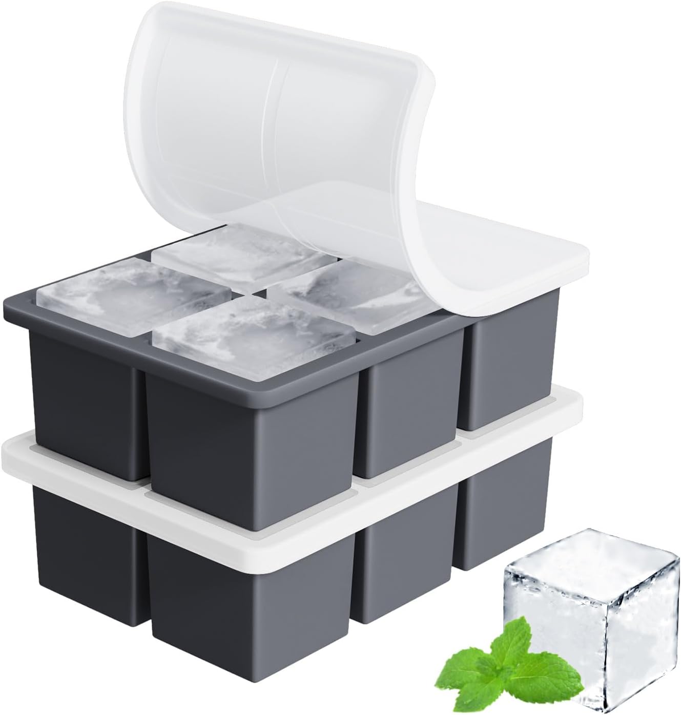 Large Ice Cube Tray for Whiskey Big Square Ice Cube Maker for Cocktail Silicone Old Fashioned Ice Cube Trays Huge Cubed Ice Tray: GRAY